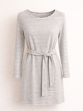 Pretty Garden Gray White Striped Tunic Dress Long Sleeve Soft Stretch Casual
